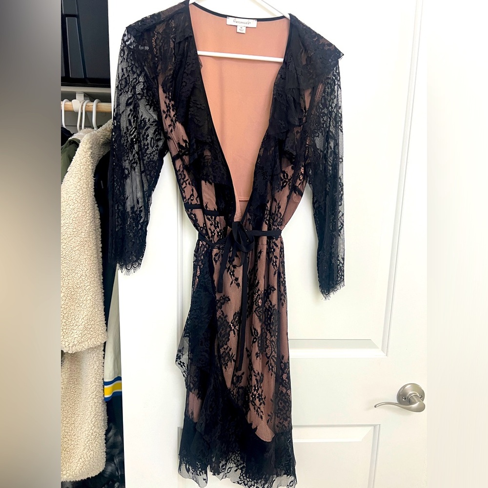 Francesca’s black lace wrap dress